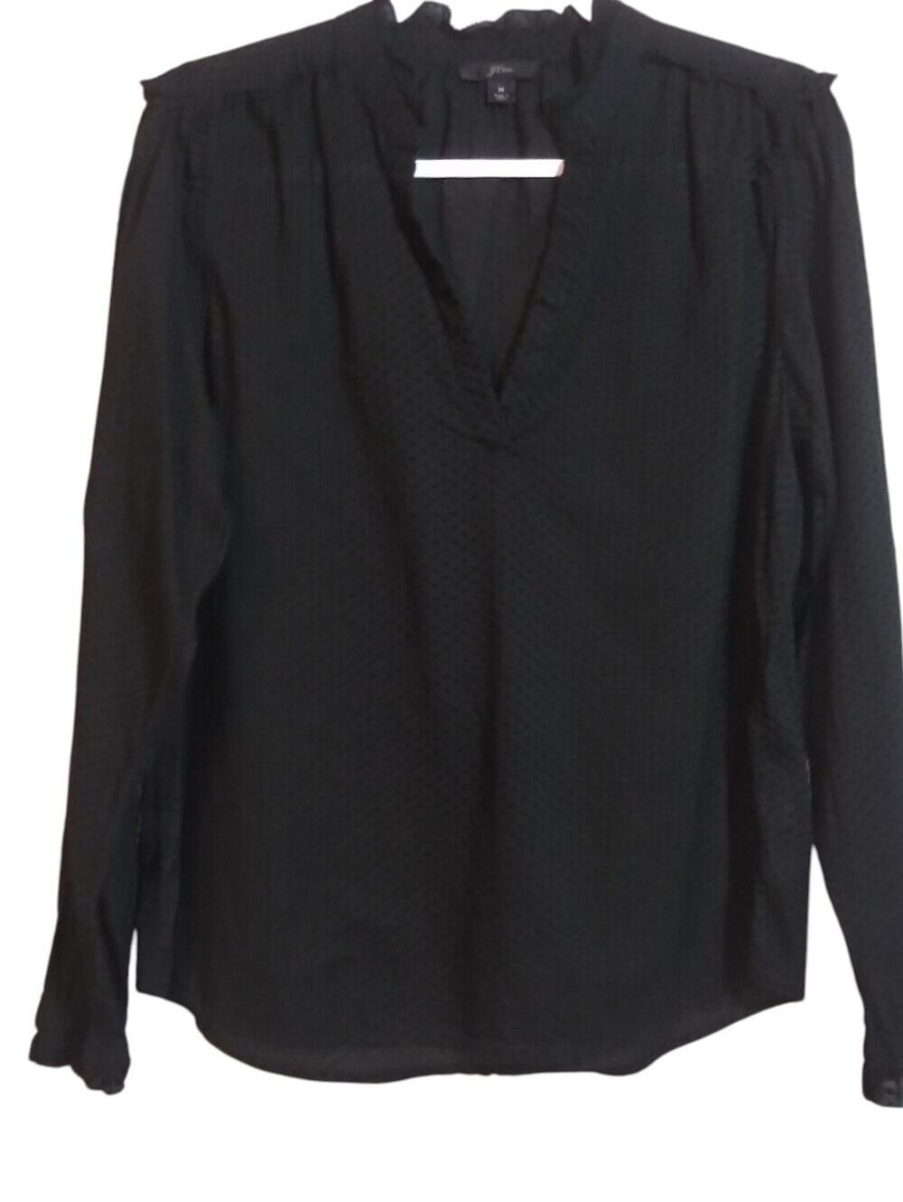 J. Crew Lush Black Long-Sleeve V-Neck Textured Blouse Neutral Size M